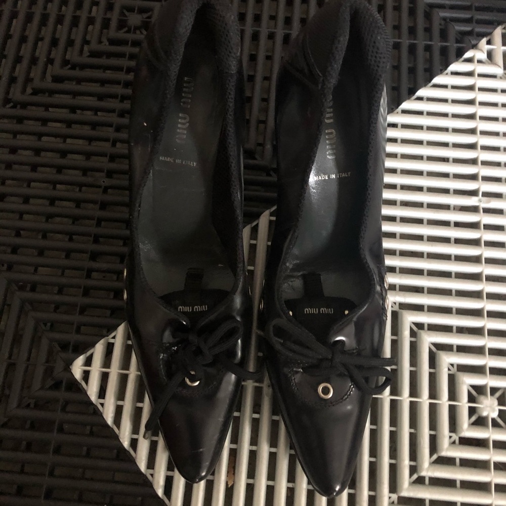 Miu miu black leather tie up heels
